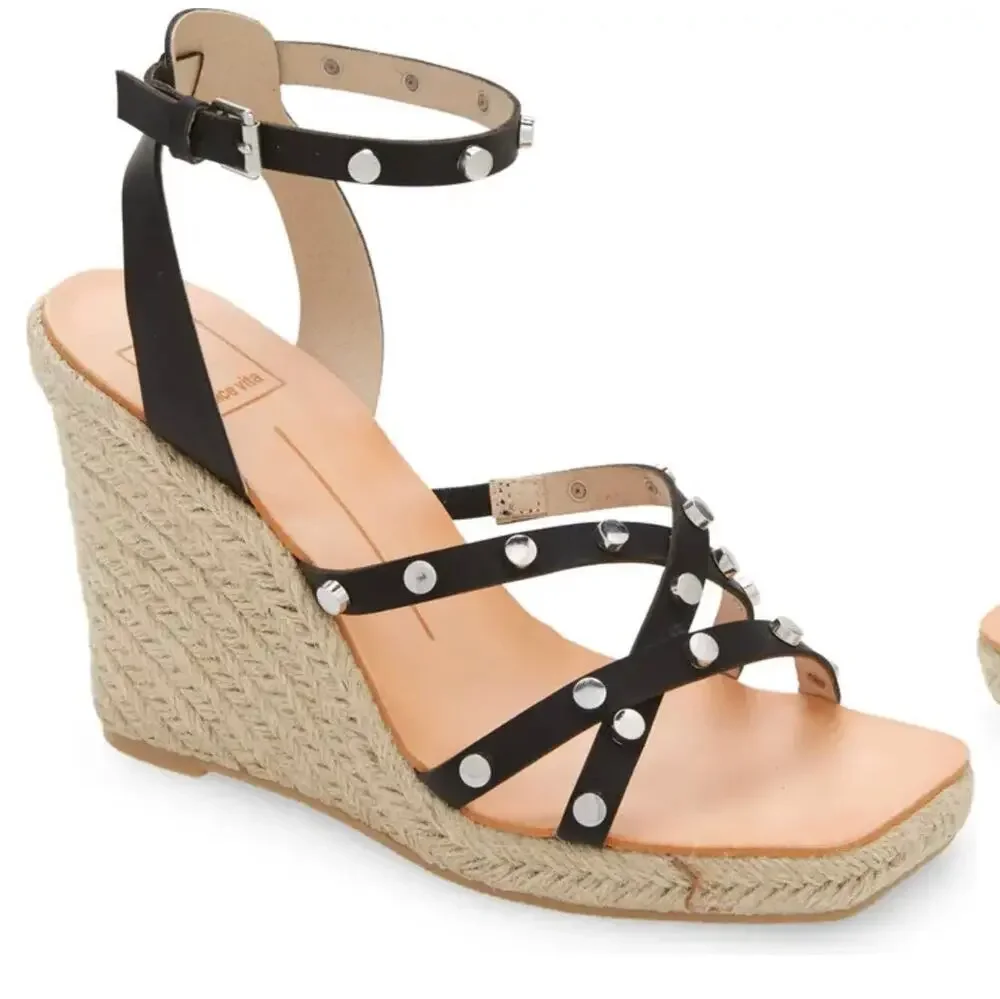 DOLCE VITA black studded Espadrille Wedge Sandals 8